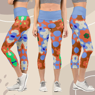 Leggings Capri Naranja retro Mandala Flor azul y amarillo