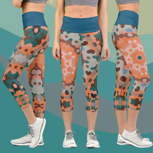 Leggings Capri Naranja retro Mandala Flor azul y marrón