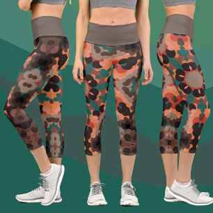 Leggings Capri Naranja retro Mandala Flor azul y marrón