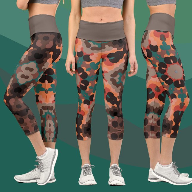 Leggings Capri Naranja retro Mandala Flor azul y marrón (Subido por el creador)