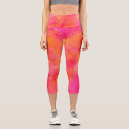 Leggings Capri Naranja rosa del arte de la tinta abstracta de col