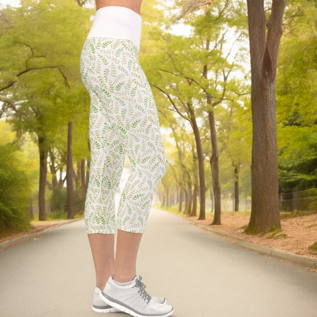 Leggings Capri Naturaleza Amarilla Verde Patrón De Freno De Hojas (white top carpi leggings fern pattern)