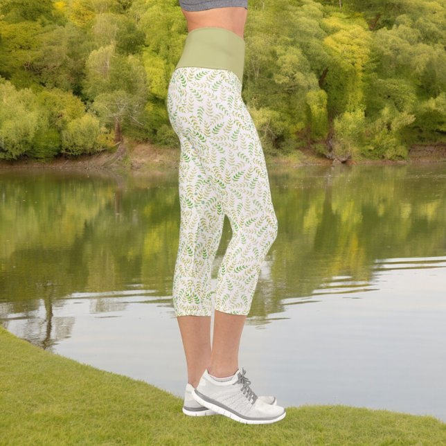 Leggings Capri Naturaleza Amarilla Verde Patrón De Freno De Hojas (leggings side view)