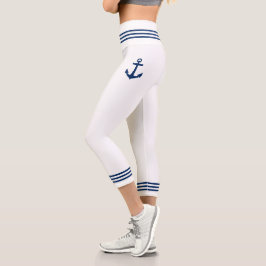 Leggings Capri Nautical Boat Anchor Nave Blue White Stripe