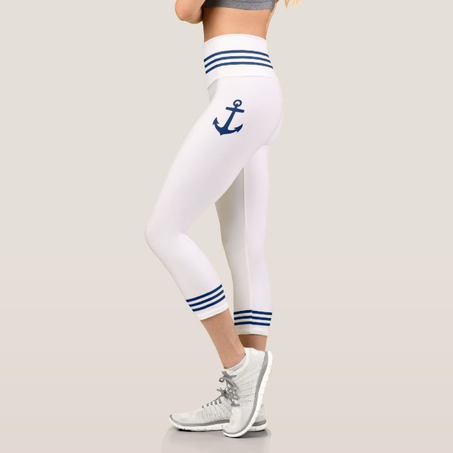 Leggings Capri Nautical Boat Anchor Nave Blue White Stripe (Izquierda)