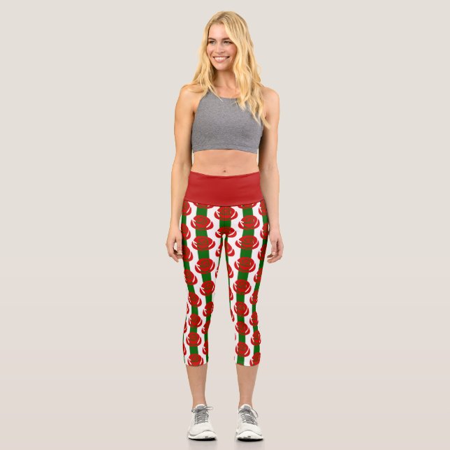 Leggings Capri navidades de rosas rojas florales a rayas (Anverso)
