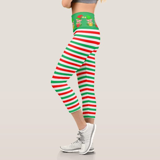 Leggings Capri Navidades elf y green, red, rayas blancas (Izquierda)