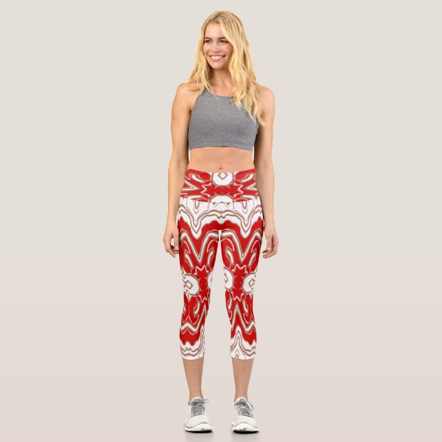Leggings Capri Navidades Patrón especial de tela roja y blanca (Anverso)