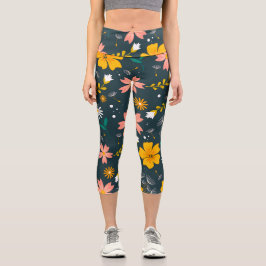 Leggings Capri Navy Floral Garden Whimsical Spring Pattern