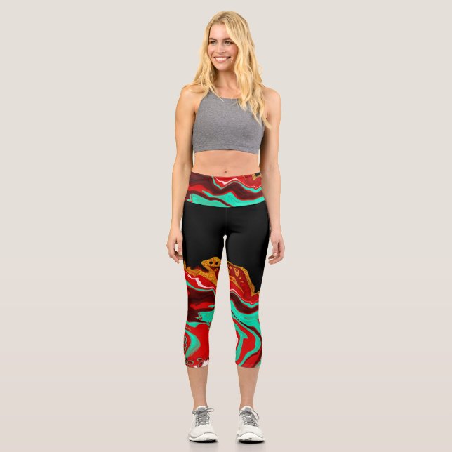 Leggings Capri Negro, Oro, Borgoña, Marble Fluid Art (Anverso)