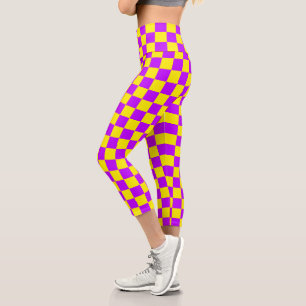 Leggings Capri Neon Purple Yellow Check Checkerboard Vintage