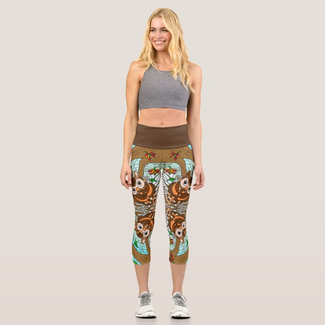 Leggings Capri Obra de arte de Cute Owl Mandala (Anverso)
