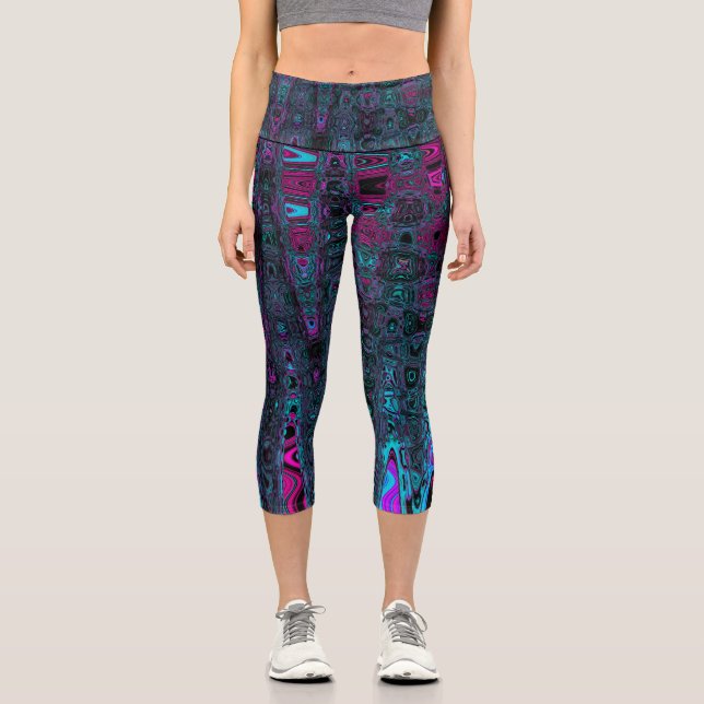 Leggings Capri Olas abstractas de retro Aqua Magenta y negro (Anverso)