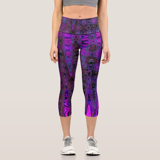 Leggings Capri Olas atómicas trippy moradas y negras retro (Anverso)