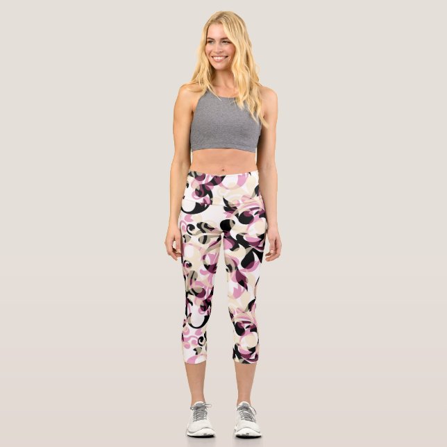 Leggings Capri Ondas rosadas negras rizadas abstractas (Anverso)