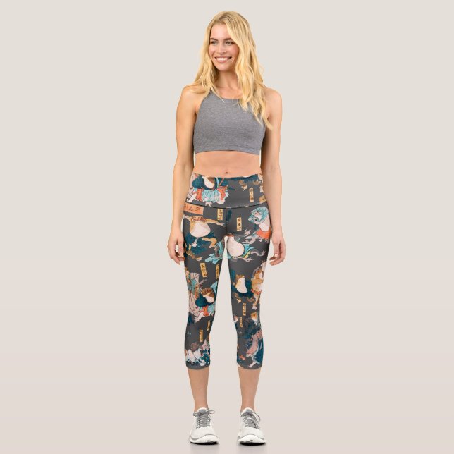 Leggings Capri Ondulaciones ukiyo-e de rana japonesa (Anverso)