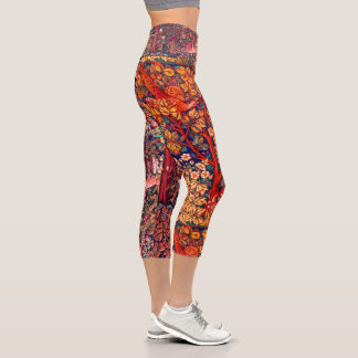 Leggings Capri OREJAS DE ANIMALES FORESTALES DE OTOÑO,Floral roja