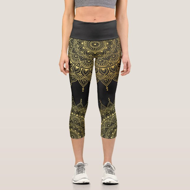 Leggings Capri Oro elegante en floral negro suave Henna Mandala (Anverso)