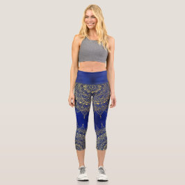 Leggings Capri Oro elegante en la floral azul profundo Henna Mand