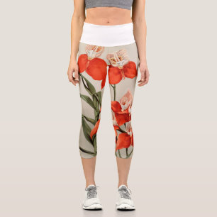 Leggings Capri Orquídeas Rojas Flores Vintage Antiguo Ilustracion