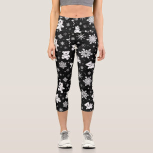 Leggings Capri Osito de peluche blanco y patrón continuo de copos