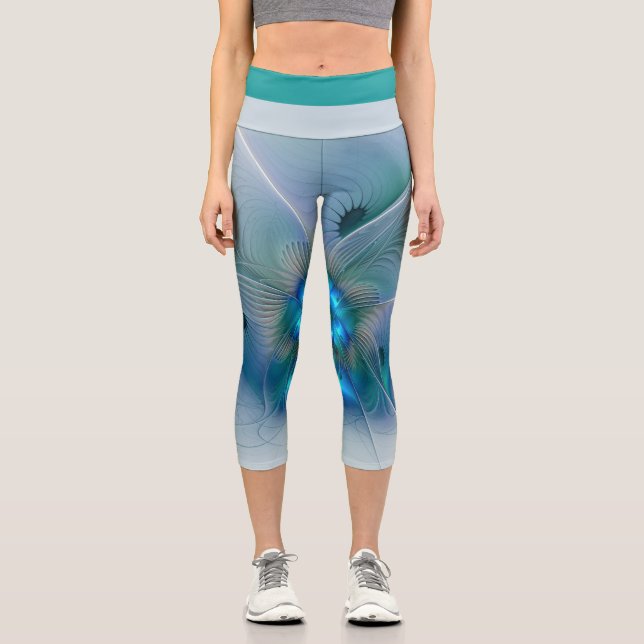 Leggings Capri Ovejas en pie, abstracto fractal turquesa azul (Anverso)