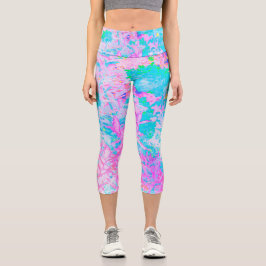 Leggings Capri Paisaje de Hortensias Azul Acuático y Rosa Calient
