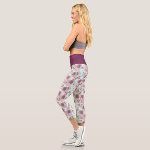 Leggings Capri Pánticos de yoga azul con flor de púrpura