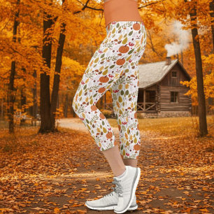 Leggings Capri Pants with a Floral and Pumpkin Print
