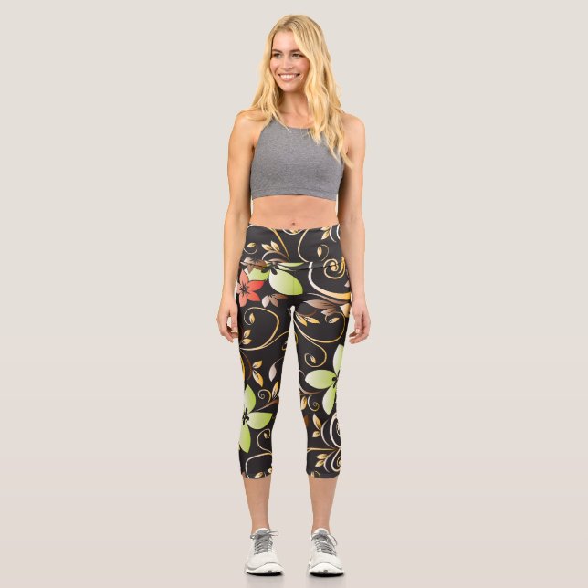 Leggings Capri Papel de pared de flores 4 (Anverso)