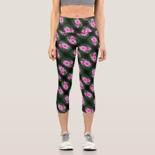 Leggings Capri Patrón abstracto de flores de cosmos rosadas