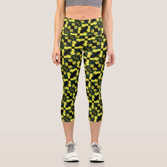 Leggings Capri Patrón abstracto de las flores de geranio amarillo (Anverso)