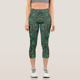 Leggings Capri Patrón abstracto retro alucinante de negro y verde