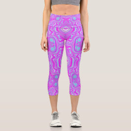Leggings Capri Patrón abstracto rosa caliente y azul aqua alucina