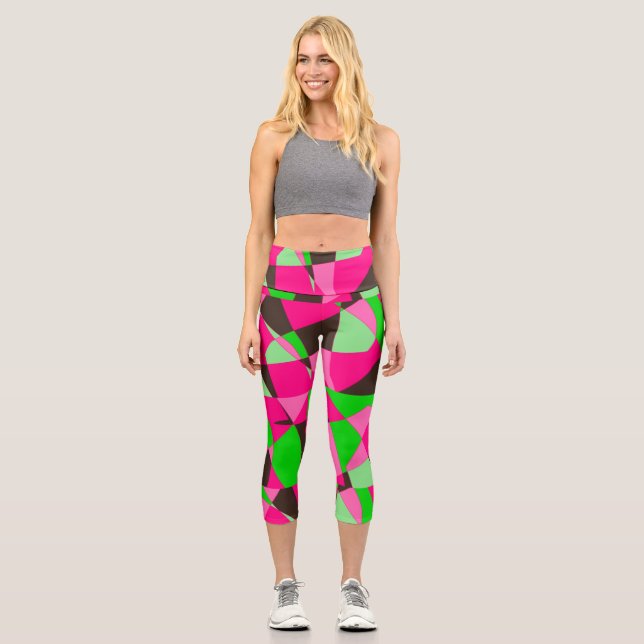 Leggings Capri Patrón abstracto rosa y verde (Anverso)