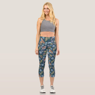 Leggings Capri Patrón acuarela de aves azules