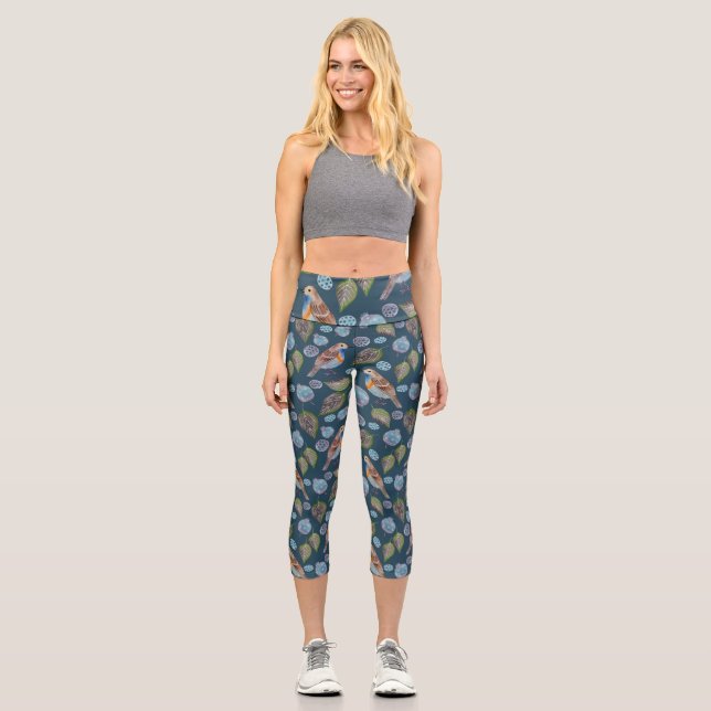 Leggings Capri Patrón acuarela de aves azules (Anverso)
