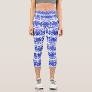 Leggings Capri Patrón Árabe Mediterráneo Griego Azul