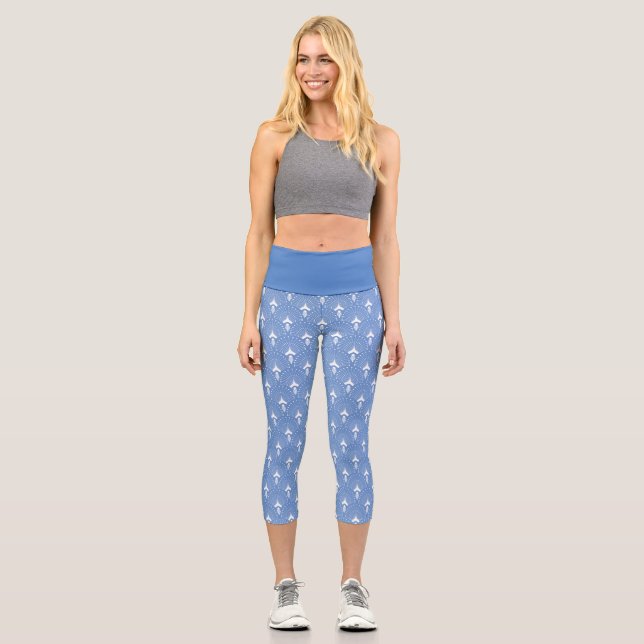 Leggings Capri Patrón art déco blanco sobre azul (Anverso)