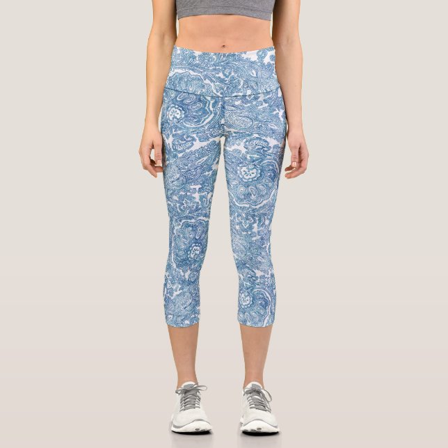 Leggings Capri Patrón azul Boho Paisley (Anverso)