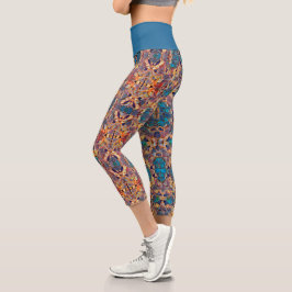 Leggings Capri Patrón azul tribal occidental hippie morado amaril