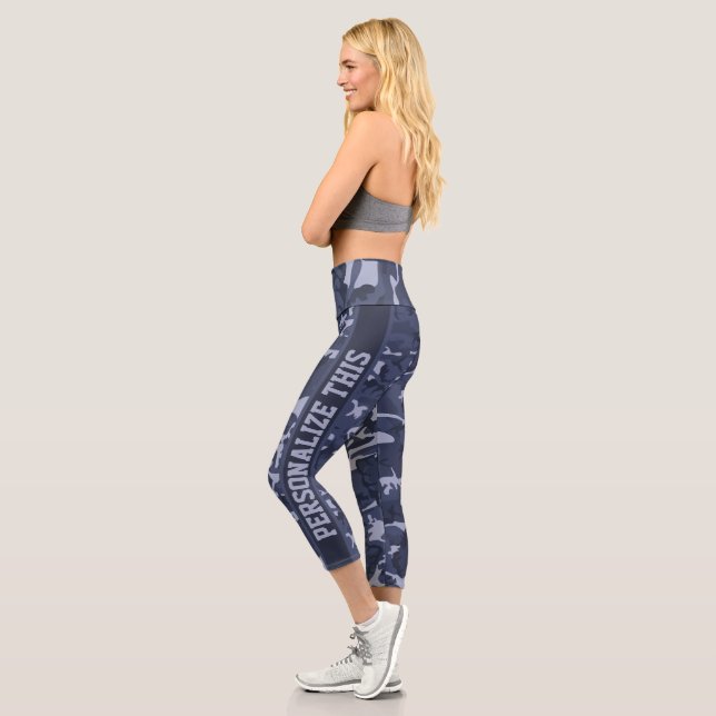 Leggings Capri Patrón azul urbano camuflado personalizado (Izquierda)