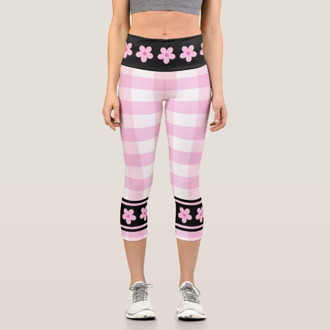 Leggings Capri Patrón blanco rosado de moda con flores (Anverso)