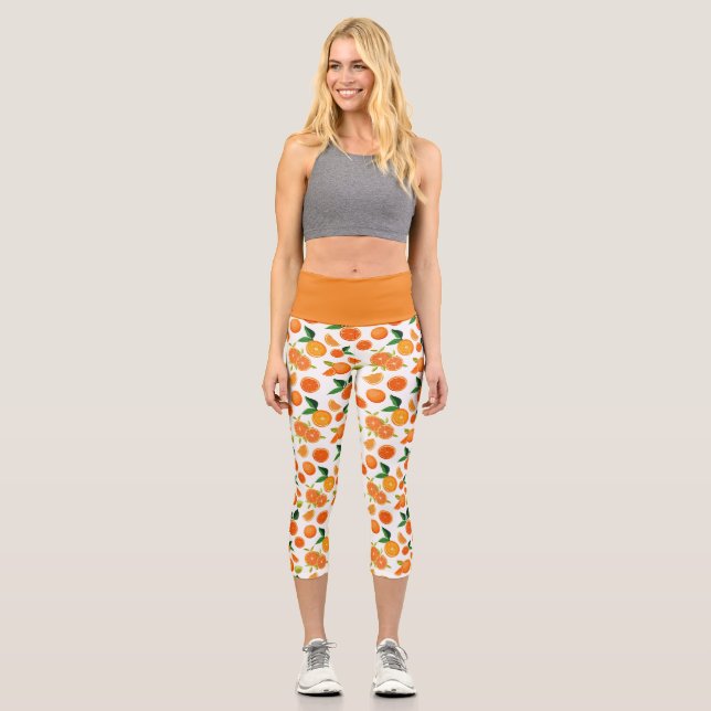 Leggings Capri Patrón botánico de Citrus naranja (Anverso)