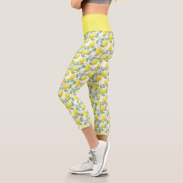 Leggings Capri Patrón Botánico de Fruta Cítrica Amarillo Limón