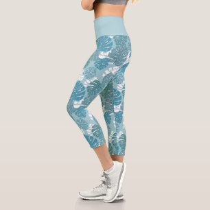 Leggings Capri Patrón botánico de las hojas de los monstruos azul