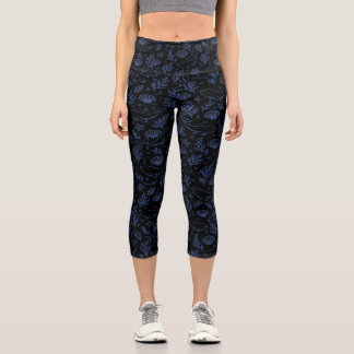Leggings Capri Patrón botánico floral azul oscuro elegante natura