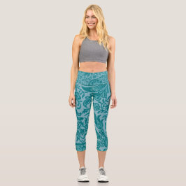 Leggings Capri Patrón Botánico Floral Verde Turquesa Vintage