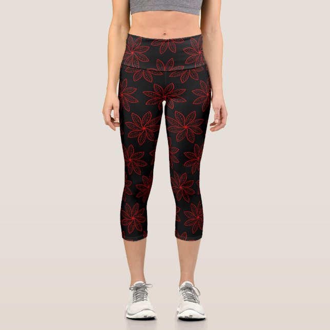 Leggings Capri Patrón Carmesí sobre Negro (Anverso)