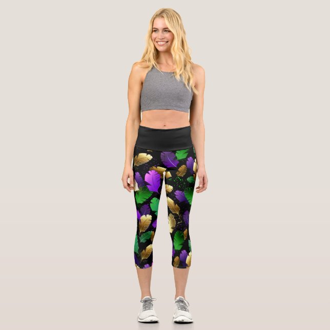 Leggings Capri Patrón continuo con plumas de Mardi Gras (Anverso)